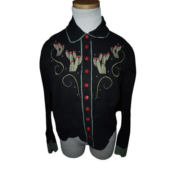 Collectif London Western Cactus Embroidered Shirt Black Red Buttons Size S UK 10 - Picture 2 of 12